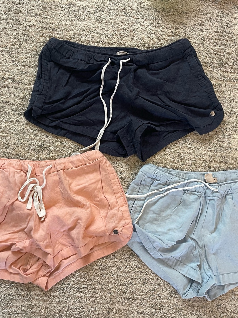 Roxy Navy, Blush & Light Blue Drawstring Linen Shorts Trio